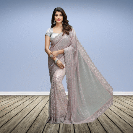 Peach Imported Saree With Sequence & Zari Flower Aplic Heavy Work
