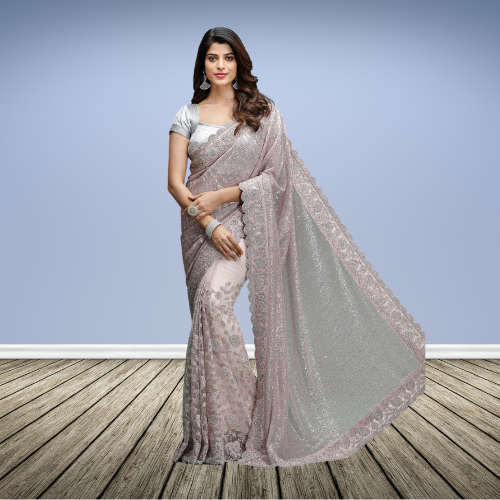 Peach Imported Saree With Sequence & Zari Flower Aplic Heavy Work