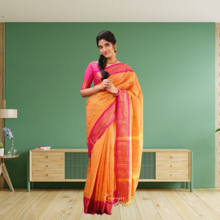 Kamakshi Orange Shade and Pink tone Kanchi Cotton Saree