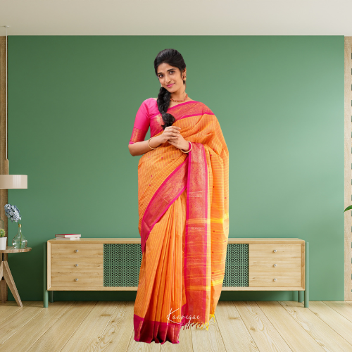 Kamakshi Orange Shade and Pink tone Kanchi Cotton Saree