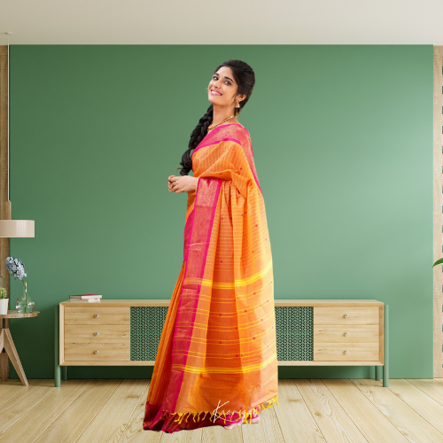 Kamakshi Orange Shade and Pink tone Kanchi Cotton Saree
