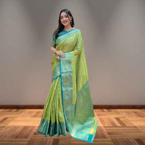 Green Tissue Silk Saree With Woven Work