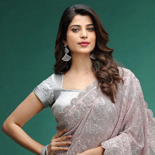 Peach Imported Saree With Sequence & Zari Flower Aplic Heavy Work