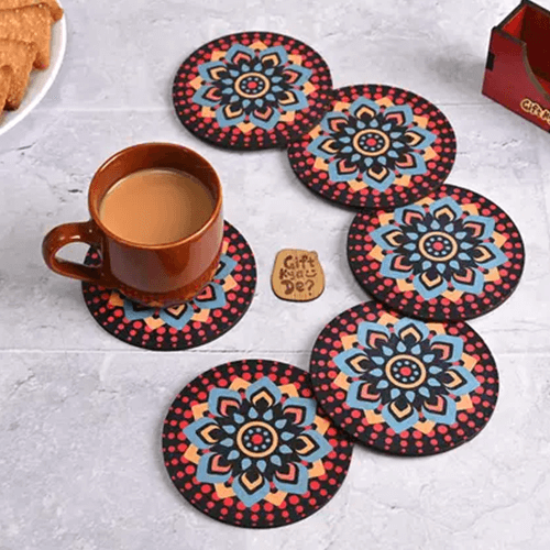 GIFT KYA DE Round Reversible Wood Coaster Set  (Pack of 6)