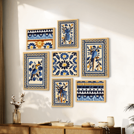 Art Street Set of 7 Indian Wall Art Print Blue Birds with Flower Ritual theme Framed Vintage Poster for Home