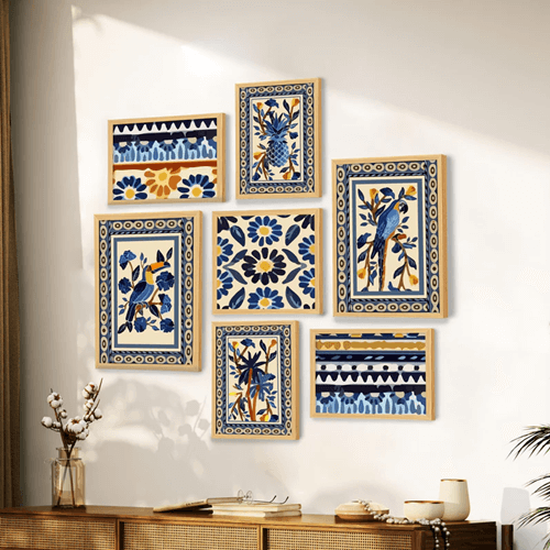 Art Street Set of 7 Indian Wall Art Print Blue Birds with Flower Ritual theme Framed Vintage Poster for Home